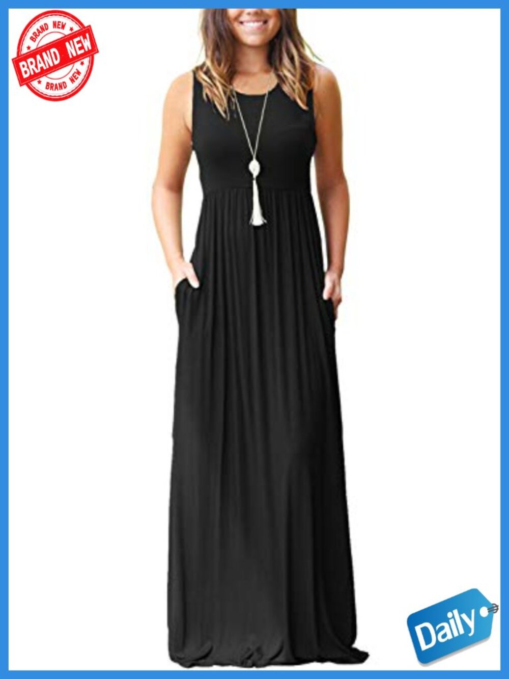 Sleeveless Crew Neck Maxi Dress with Pockets, Empire Waist, Soft Stretchy,